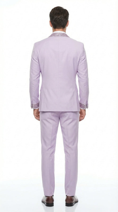 Men’s Lilac Suit with Silver Glitter Sequin Lapel – Lilac and Silver Formal Tuxedo Suit for Prom, Wedding Lavender Tuxedo