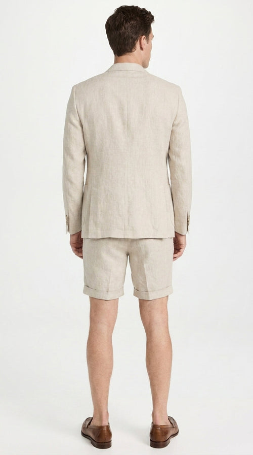 Menās Tan Linen Suit with Shorts, 2 Piece Summer Short Suit, Casual Beach Wedding Outfit