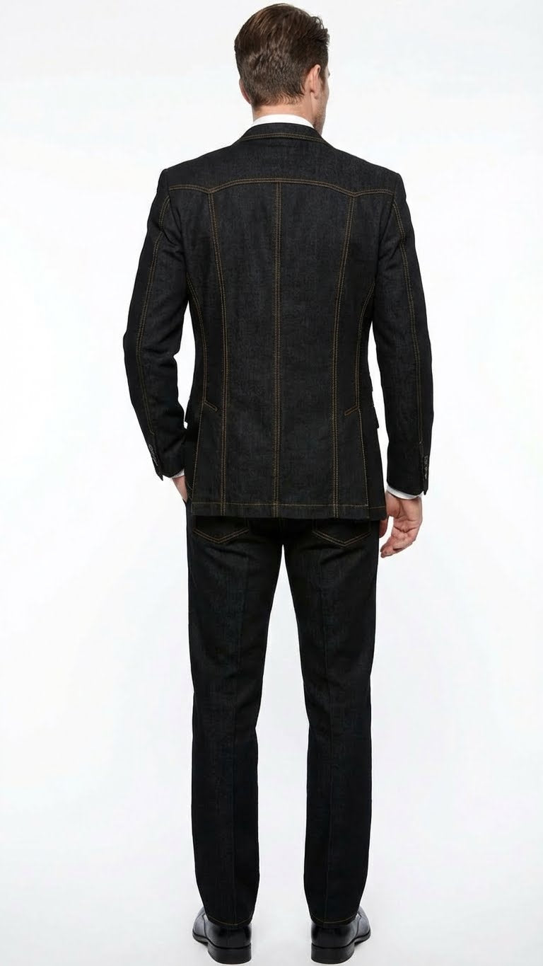 Men's Black Denim Fabric Suit – Classic Three Piece Denim Suit for Wedding, Prom and Church Wear