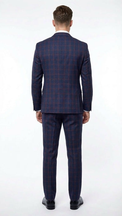 Men’s Navy Blue and Burgundy Checkered Two-Piece Suit Plaid Windowpane – Flat Front Pants or Pleated Wide Leg Pants - 100% Wool