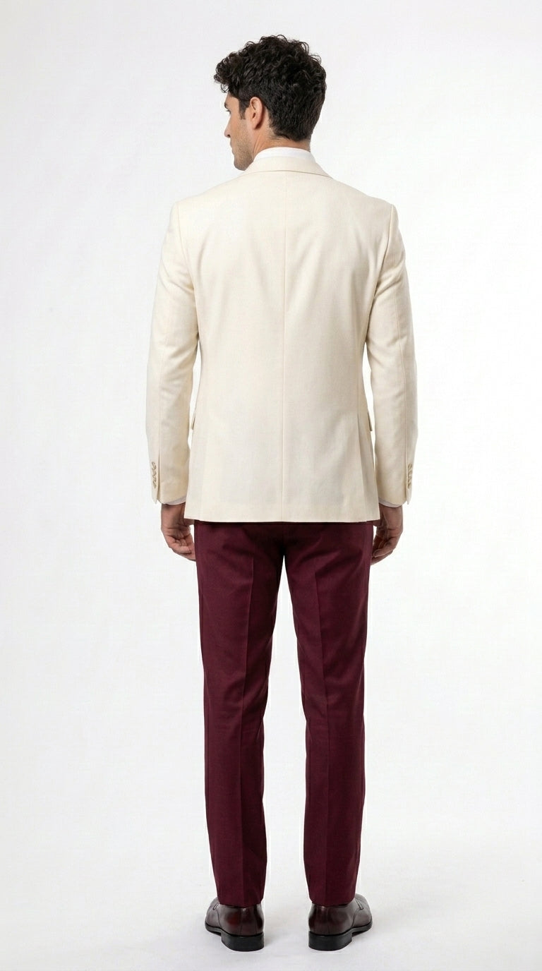 Menās Cream Ivory and Burgundy 3 Piece Tuxedo Suit, Vested Formal Wedding Prom Dinner Suit in Cream Off White Color