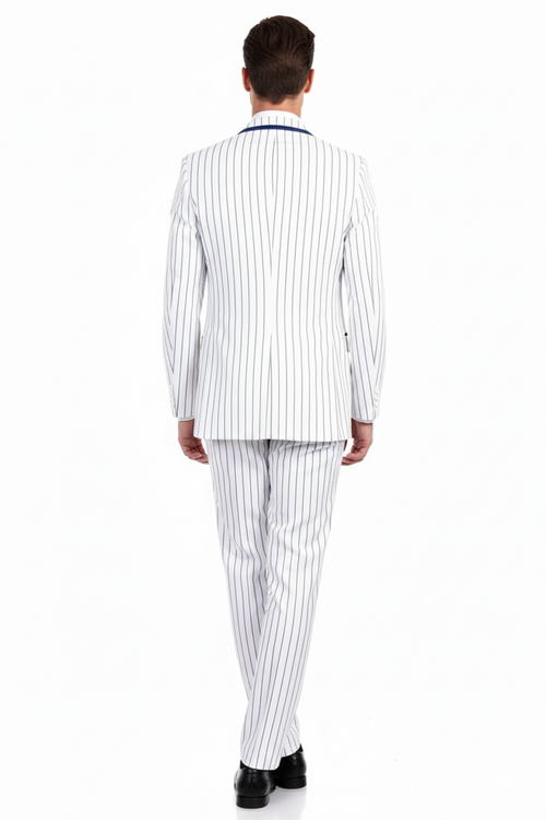 Men’s White and Royal Blue Pinstripe 3-Piece Suit - Classic Fit Blazer with Vest, Pants, and Tie by USA Men's Outlet