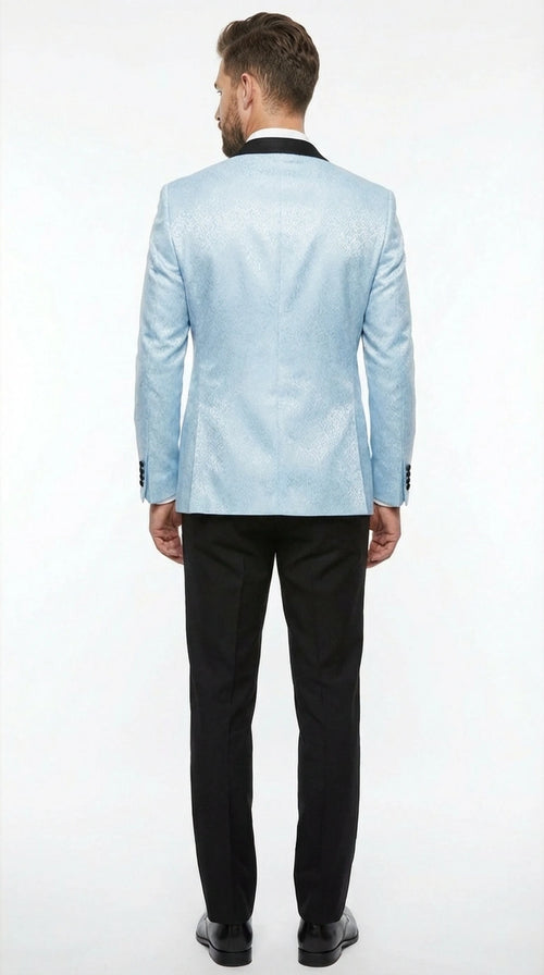 Men’s Baby Blue Tuxedo Blazer with Black Lapel – Formal Dinner Jacket for Wedding, Prom and Evening Events in Sky Light Blue Color