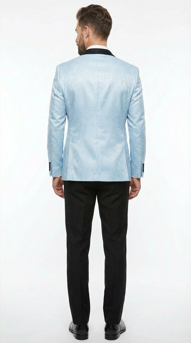 Men’s Baby Blue Tuxedo Blazer with Black Lapel – Formal Dinner Jacket for Wedding, Prom and Evening Events in Sky Light Blue Color