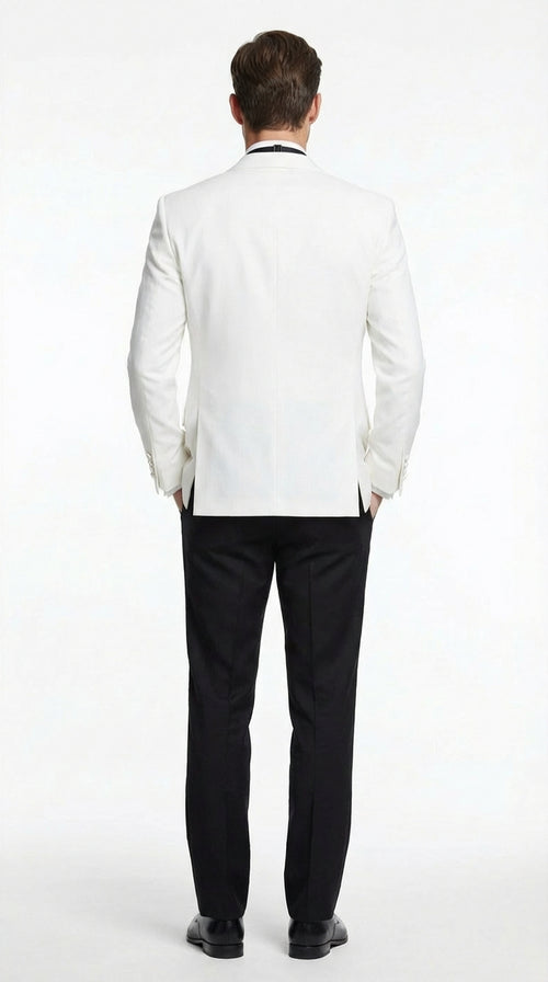 Men's White Dinner Jacket Tuxedo Blazer with Black Satin Shawl Lapel With Black Tuxedo Pants