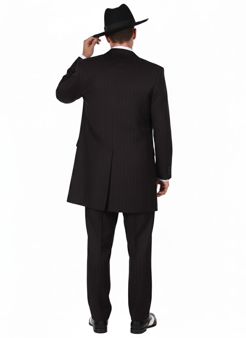 Mens Black and Red Pinstripe Zoot Suit – 1920s Gangster Vintage 3-Piece Suit for Formal, Prom, and Themed Events