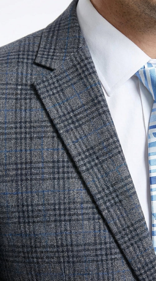 Mens Charcoal Gray with Blue Plaid Pattern Blazer Jacket β Classic Check Pattern Sport Coat for Business, Office, and Smart Casual Wear