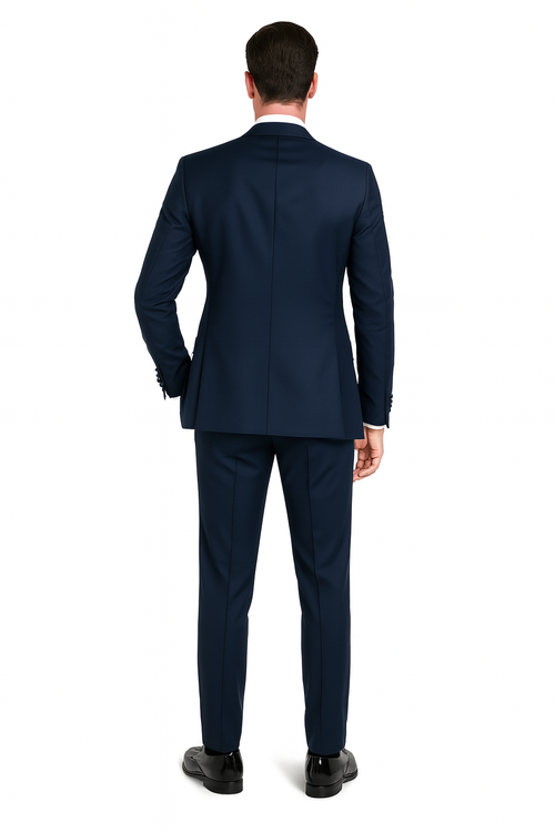 Men’s Navy Blue Tuxedo with Satin Peak Lapel with navy sateen – 3 Piece Formal Suit with Vest and Bow Tie
