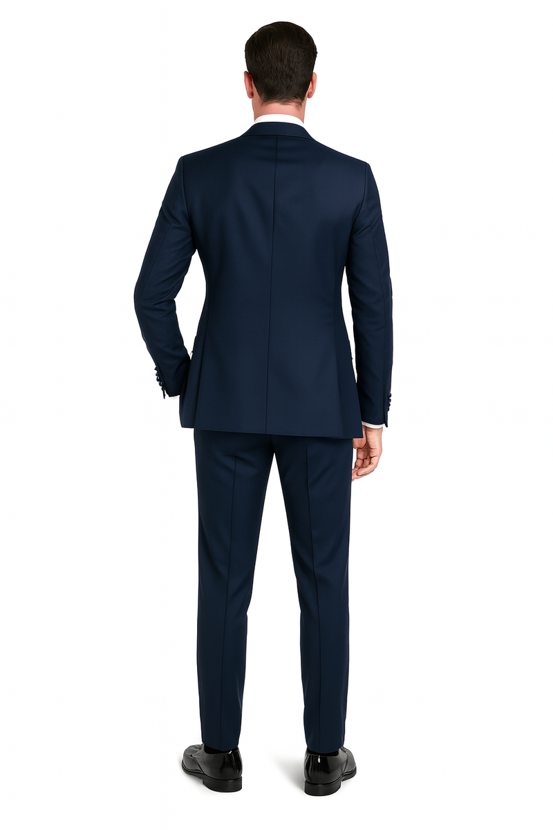 Men’s Navy Blue Tuxedo with Satin Peak Lapel with navy sateen – 3 Piece Formal Suit with Vest and Bow Tie