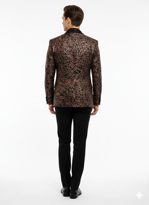 Men’s Black Shiny Designer Blazer with Red and Gold Pattern - Luxury Party & Wedding Jacket by USA Men's Outlet