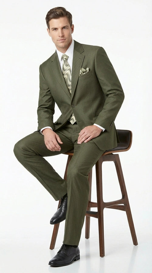 Men’s Olive Green Tuxedo With Trim Collar – Formal Wedding, Prom Suit Modern Fit