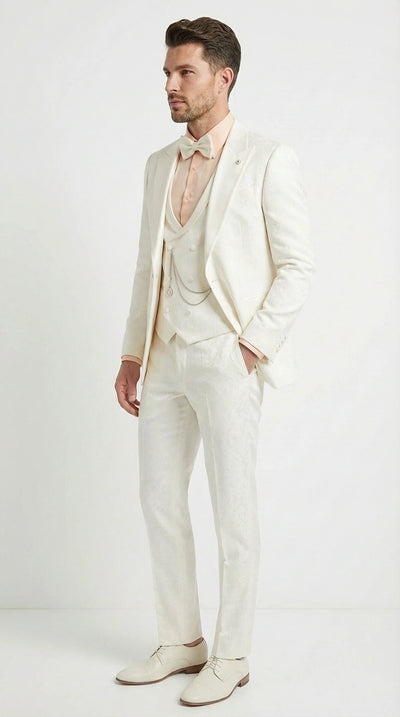 Vinci Men’s Ivory Three Piece Suit – Ivory 3PC Formal Wedding Suit for Groom, Prom and Black Tie Events