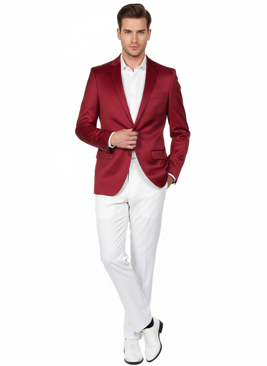 Premium Men's Burgundy Satin Slim Fit Blazer – Elegant Party & Wedding Suit Jacket in Maroon Wine Color