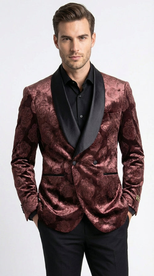 Mens Rust Copper Brick color Floral Jacquard Pasiley Blazer β Pattern Dinner Jacket with Black Shawl Lapel for Formal dinners and Wedding