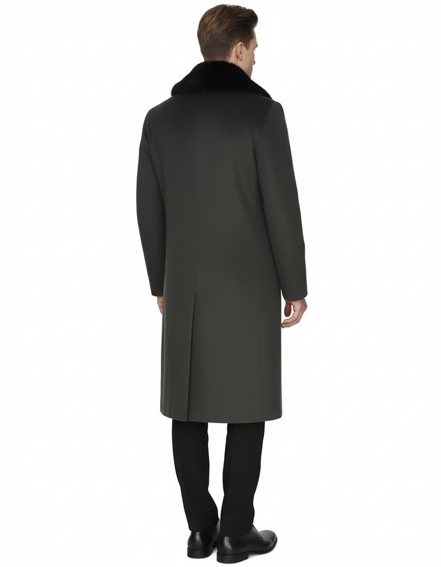 Mens Full Length Olive Overcoat with Black Fur Collar – Luxury Wool Fabric Winter Long Coat in Hunter Green
