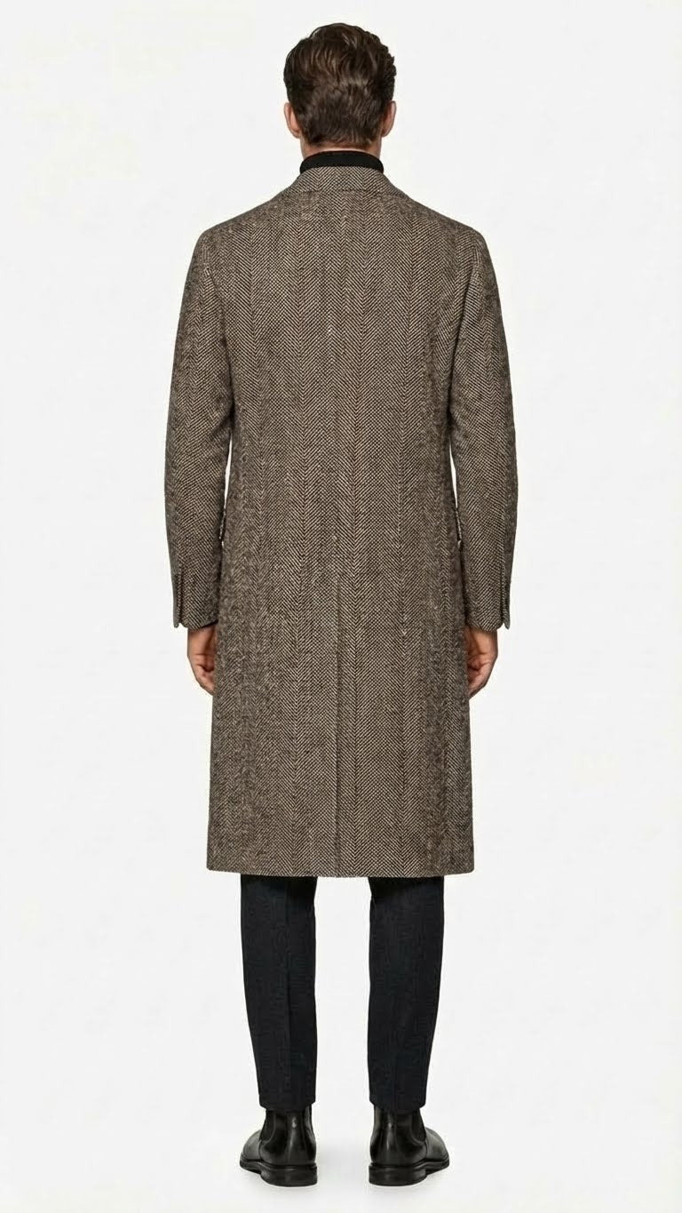 Men’s Black & Grey Herringbone Tweed Wool Blend Overcoat – Classic Single-Breasted Winter Blazer Carcoat