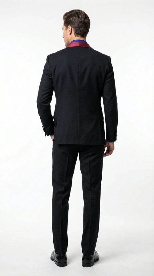 Men’s Black Suit with Burgundy Shawl Lapel – Formal Tuxedo Suit for Wedding, Prom and Evening Events + Bowtie & Tie