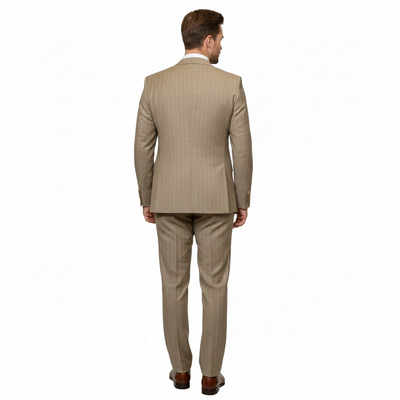 Men’s Beige Pinstripe Three-Piece Suit - Classic Fit Formal Suit with Vest and Flat-Front Pants in Tan Stripe By Rossiman USA Men's Outlet