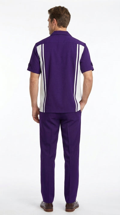 Menβs Purple and White Walking Suit β 2-Piece Short Sleeve Casual Leisure Outfit
