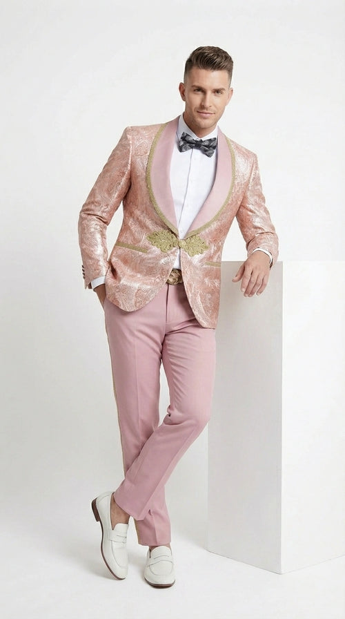 Men’s Rose Gold Pink Prom Tuxedo Suit – Slim Fit Paisley Pattern Formal Tuxedo Suit for Prom, Wedding and Special Events