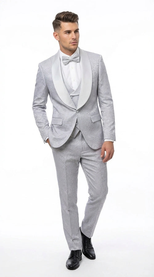 Mens Light Silver Wedding Tuxedo Suit β Paisley Fabric Three Piece Formal Suit Set with Shawl Lapel for Groom, Prom, Gala and ice Grey