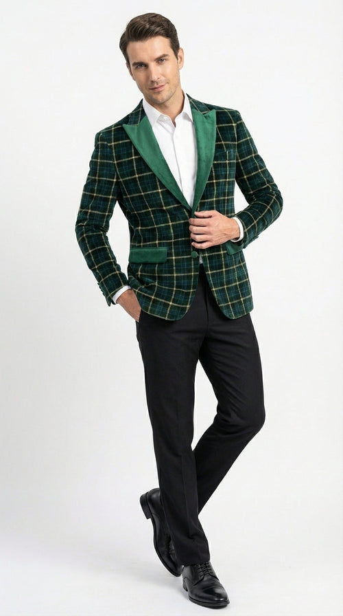 Mens Tartan Green and Gold Check Blazer β Windowpane Plaid Sport Coat Velvet Lapel Plaid Christmas Holiday New Year Jacket