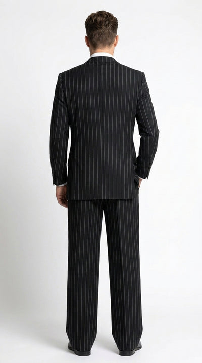 Men’s Black Pinstripe 3-Piece Suit Wool Suit – Classic Fit Single Button Suit with Wide Leg Pleated Pants By Tiglio Russo