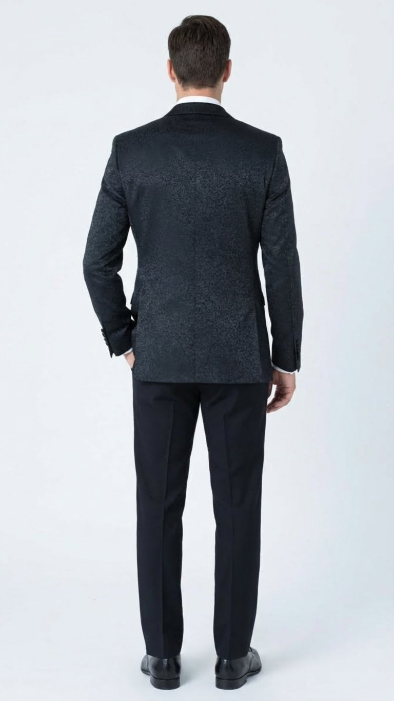 Men’s Black Textured Paisley floral Tuxedo Suit – Premium Slim Fit Formal Wedding, Prom, with Bowtie