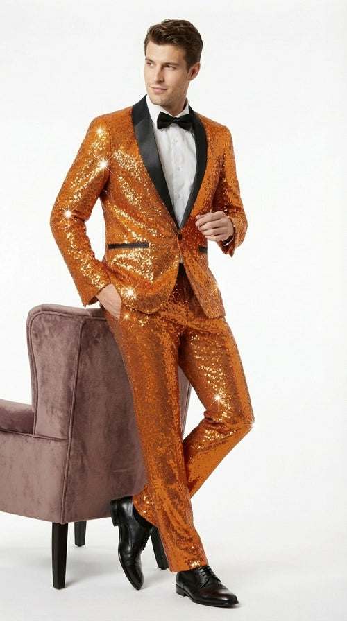 Mens Orange Sequin Tuxedo Suit β Shiny Wedding Suit Set with Black Lapel for Prom, Party, Gala and Formal Evening Wear - Goldish Orange