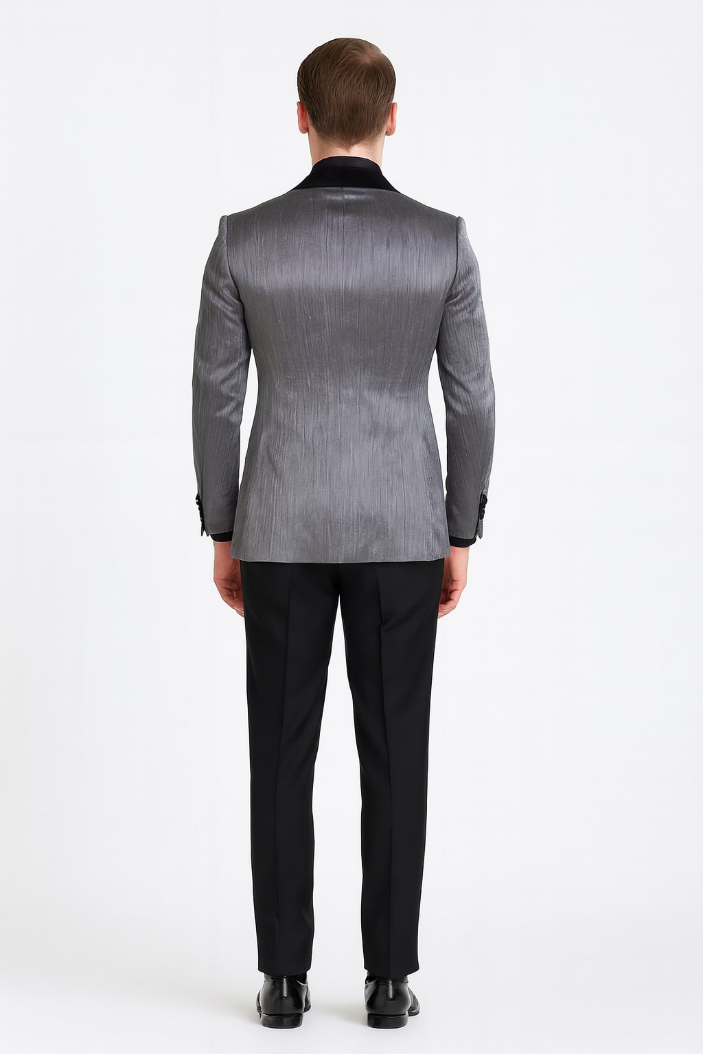Silver Metallic Tuxedo Suit with Black Satin Peak Lapel – Mens Slim Fit Formal Wedding and Prom Attire in Charcoal Grey With Pants