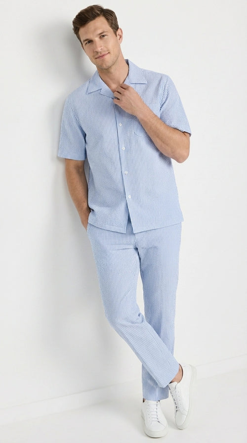 Mens Light Blue Seersucker Walking Suit Set β Casual Summer Short Sleeve Outfit with Matching Pants Lightweight Two Piece Set