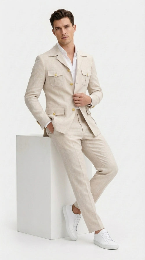 Mens Tan Beige Safari Military Walking Suit Set β Casual Two Piece Outfit Lightweight Summer Blazer and Pants Set Classic Casual Wear