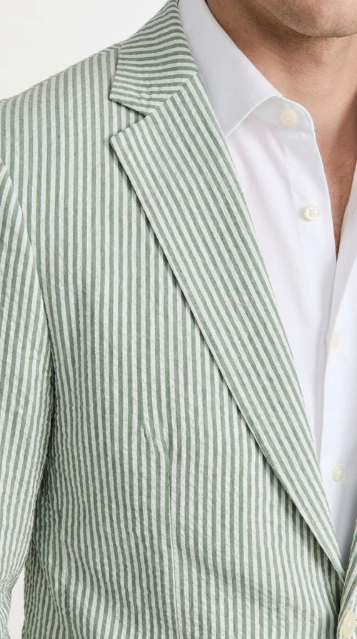 Mens Sage Green Seersucker Blazer – Lightweight Striped Summer Sport Coat Casual Smart Formal Jacket