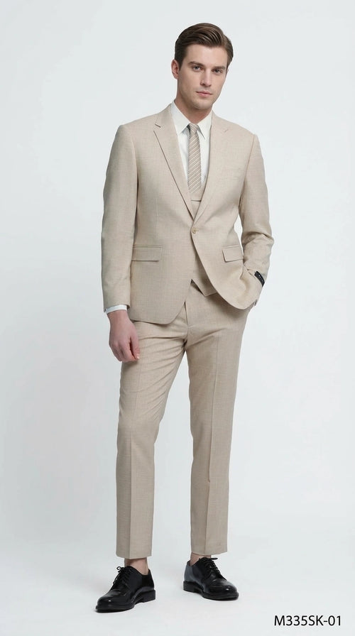 Mens Sand Beige 3 Piece Suit β Double breasted Vest Formal Suit Set and Dress Pants in Champaign Natural Summer Color