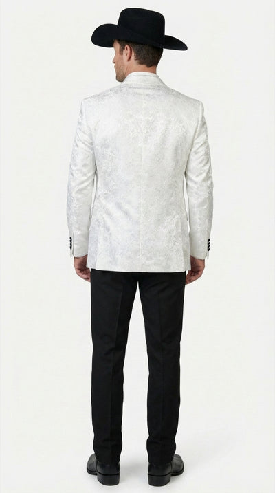 Men’s White Paisley Cowboy Tuxedo with Black Satin Lapel – Western Formal Wedding Suit Jacket