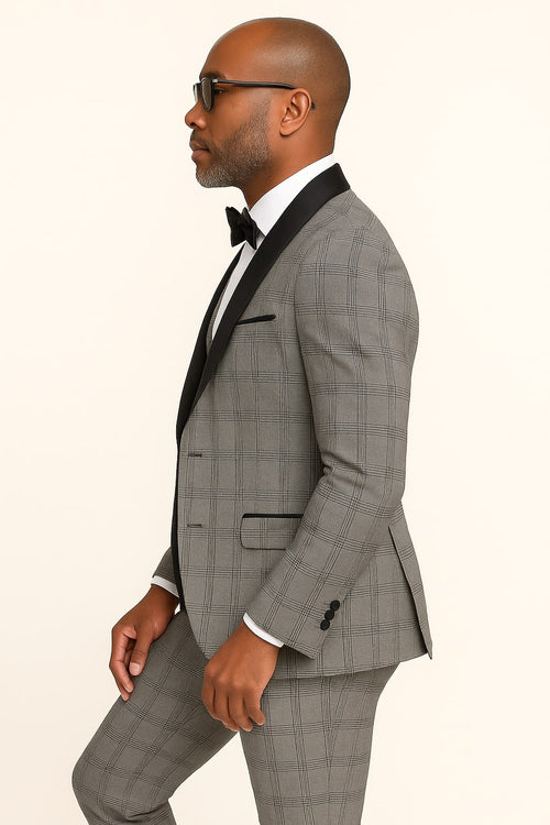 Men's Black Plaid Tuxedo – 3 Piece Suit with Black Velvet Shawl Lapel - Gray Glein Tartan Pattern Wedding Suit