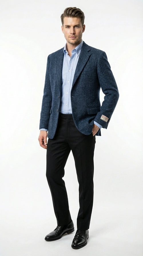 Mens Light Blue Tweed Blazer Sport Coat β Classic Herringbone Jacket Formal Business Casual Smart Outerwear in indigo cobalt blue