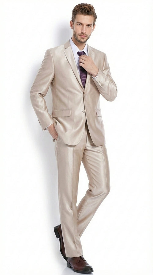 Men’s Champagne Tan Sharkskin 2 Button Suit – Shiny Formal Suit with Optional Vest for Wedding, Prom, Business Beige Color