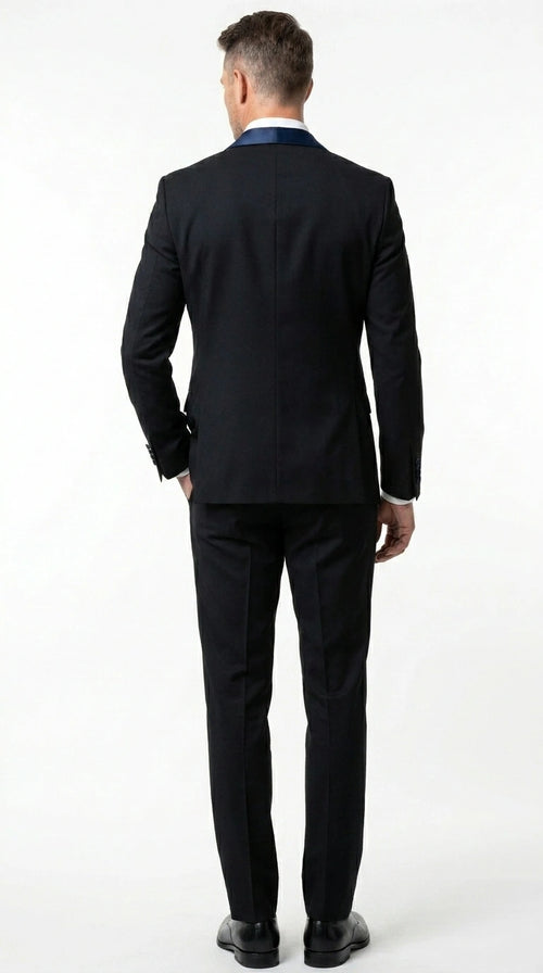 Men’s Black Suit with Navy Blue Lapel – Elegant Formal Tuxedo Style Suit for Wedding, Prom, Party and Evening Wear
