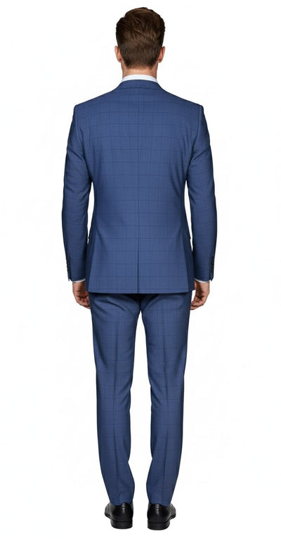 Mens Indigo Navy Blue Windowpane Check Suit – Classic 2-Piece Formal Business and Wedding Wear Set in Cobalt Blue