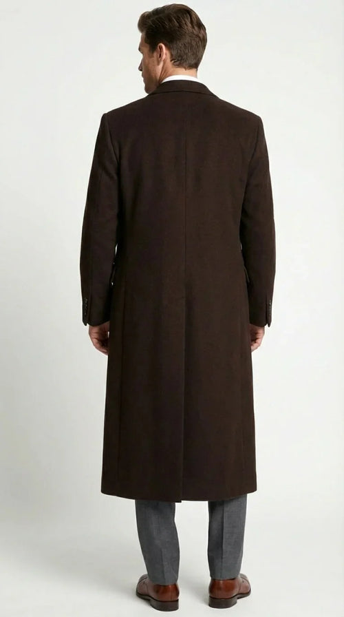 Menās Brown Long Overcoat ā Double Breasted Classic Formal Winter Coat for Business, Topcoat and Cold Weather Wear