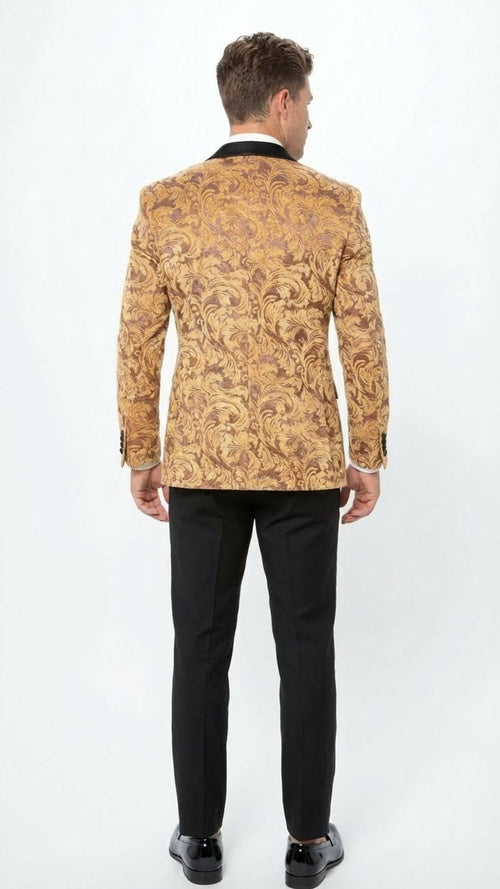 Men’s Yellow Gold Baroque Pattern Tuxedo Blazer Suit - Party and Wedding Jacket Prom Paisley Black Pants USA Men's Outlet