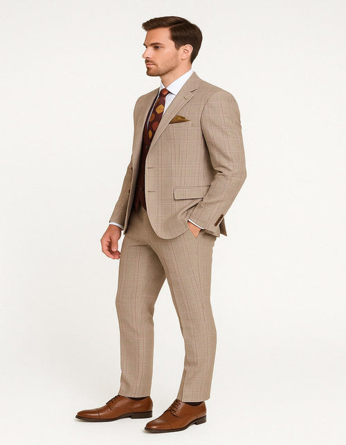 Men's Light Brown Plaid Suit with Burgundy Vest and Colorful Floral Tie - 3 Piece Set - Taupe Windowpane Pattern by USA Men's Outlet