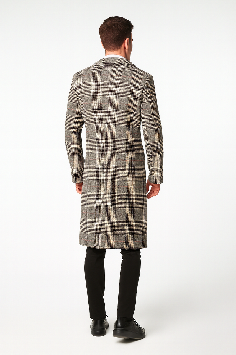 Men’s Full length Long Plaid Overcoat – Classic Checkered Wool Blend Winter Coat in Gray Color Checkered