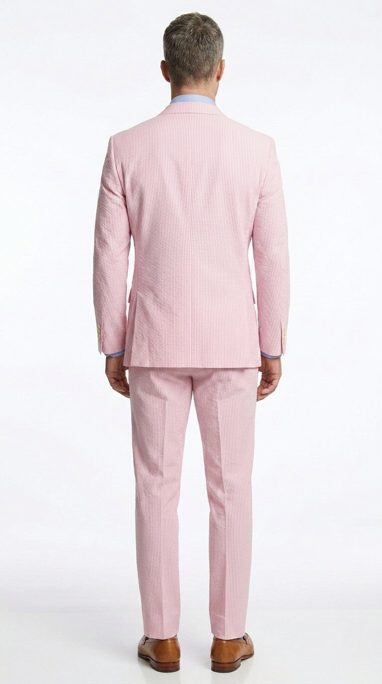 Menβs Pink Seersucker 2 Piece Suit, Lightweight Summer Dress Suit for Weddings, Prom, Parties, and Special Occasions
