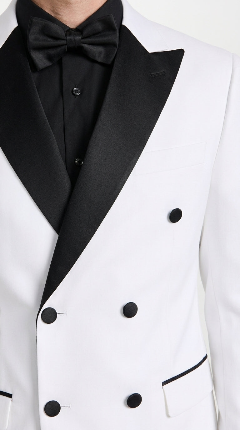 Men's White Double Breasted Tuxedo Dinner Jacket with Black Satin Peak Lapel – Formal Wedding Prom Blazer
