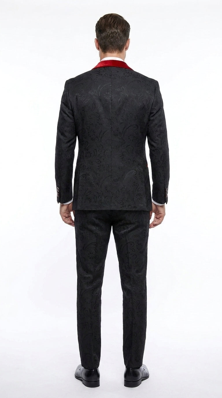 Menβs Black Paisley Tuxedo with Red Velvet Shawl Lapel β 3 Piece Wedding Prom Suit With Matching Bowtie