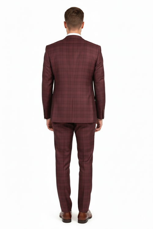 Men’s Burgundy Checkered 3-Piece Suit - Windowpane Classic Fit Plaid Blazer with Vest and Pants by Usamensoutlet