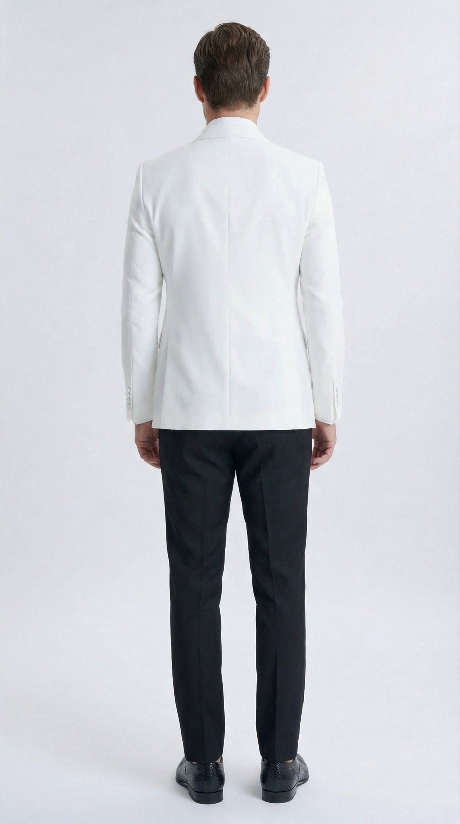 Men’s White Double Breasted Dinner Jacket Blazer with Black Pants – Formal Tuxedo Style Outfit for Weddings