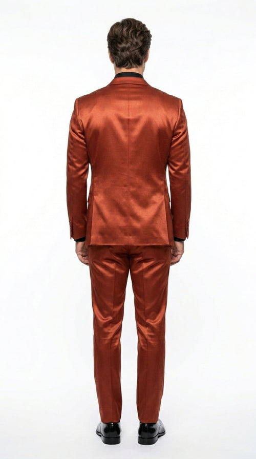 Menās Rust Copper Coganc Shiny Sateen 3 Piece Suit, Vested Formal Wedding Prom Suit Set Ultra Slim Fit